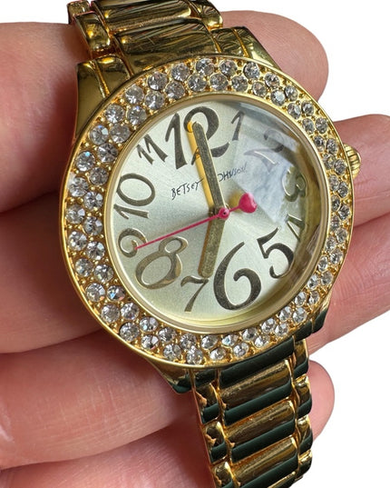 Betsy Johnson Gold finish kiss watch with box & links