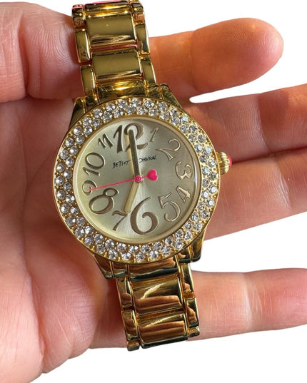 Betsy Johnson Gold finish kiss watch with box & links
