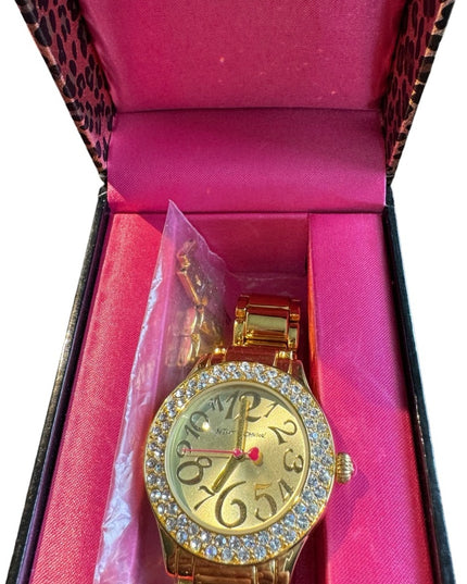 Betsy Johnson Gold finish kiss watch with box & links