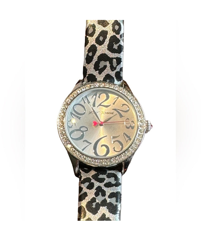 Betsy Johnson silver black Leapord printed leather strap fancy watch