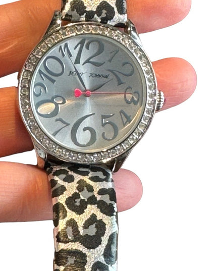 Betsy Johnson silver black Leapord printed leather strap fancy watch