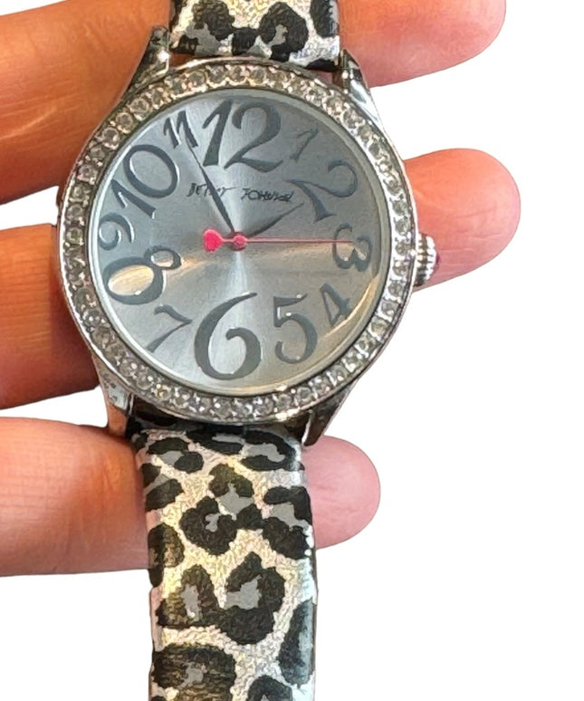 Betsy Johnson silver black Leapord printed leather strap fancy watch
