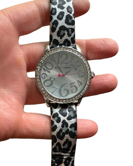 Betsy Johnson silver black Leapord printed leather strap fancy watch