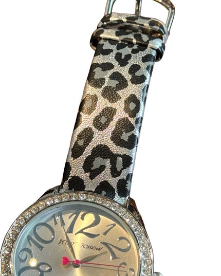 Betsy Johnson silver black Leapord printed leather strap fancy watch