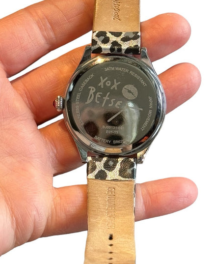 Betsy Johnson silver black Leapord printed leather strap fancy watch