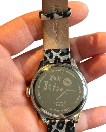 Betsy Johnson silver black Leapord printed leather strap fancy watch