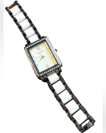 Joan Rivers Gun metal gray & white link watch with rhinestones