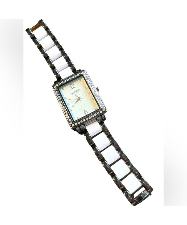 Joan Rivers Gun metal gray & white link watch with rhinestones
