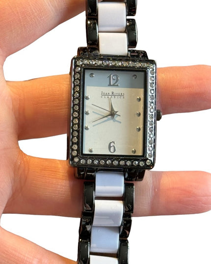 Joan Rivers Gun metal gray & white link watch with rhinestones