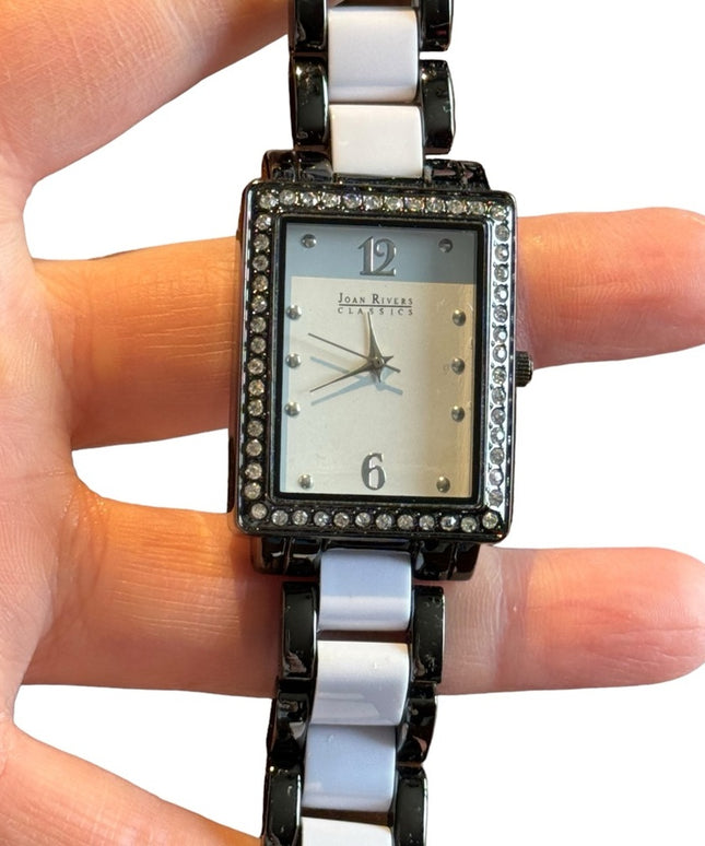 Joan Rivers Gun metal gray & white link watch with rhinestones