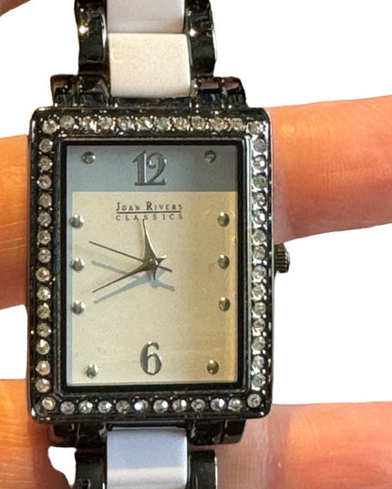 Joan Rivers Gun metal gray & white link watch with rhinestones