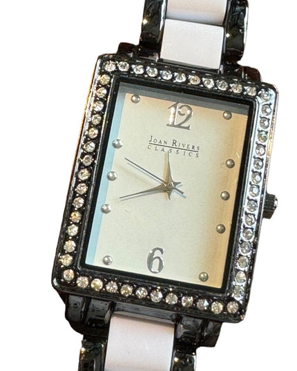 Joan Rivers Gun metal gray & white link watch with rhinestones