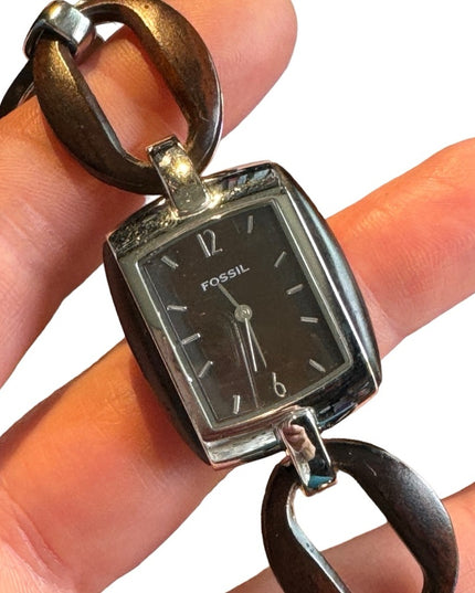 Fossil wood textured silver finish link watch