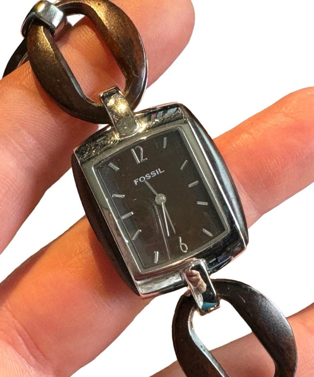 Fossil wood textured silver finish link watch