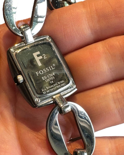 Fossil wood textured silver finish link watch