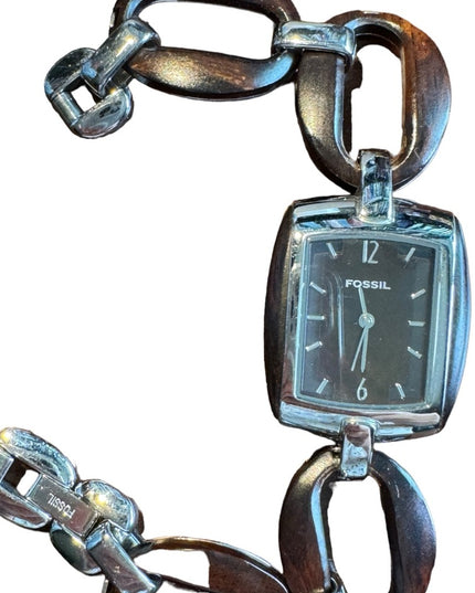 Fossil wood textured silver finish link watch
