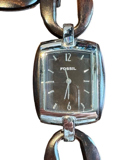 Fossil wood textured silver finish link watch