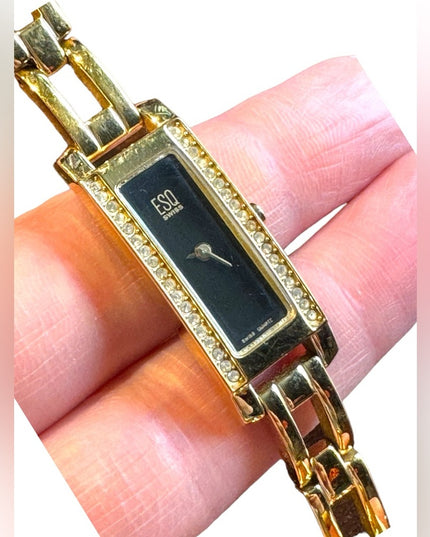 Vintage 1990s Esquire by Movado Gold plt link watch rhinestones