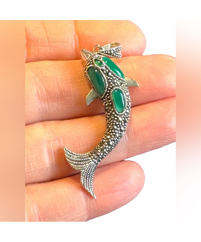 Vintage marcasite sterling silver 925 gemstone dolphin pendant