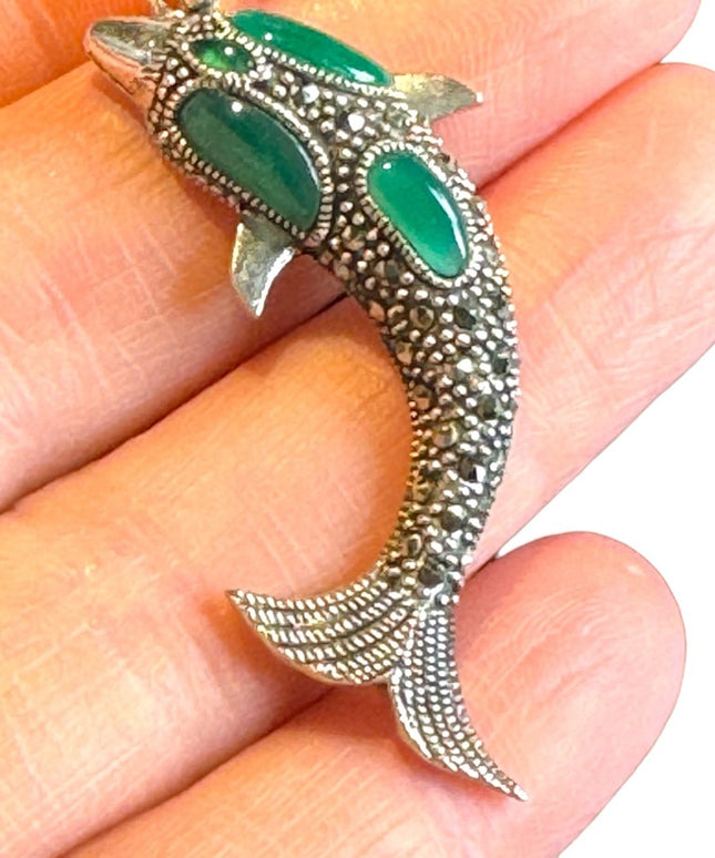 Vintage marcasite sterling silver 925 gemstone dolphin pendant
