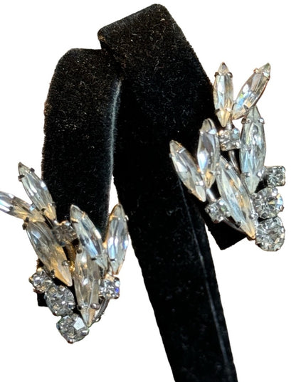 Stunning silver finish mid century SHERMAN crystal clip on earrings