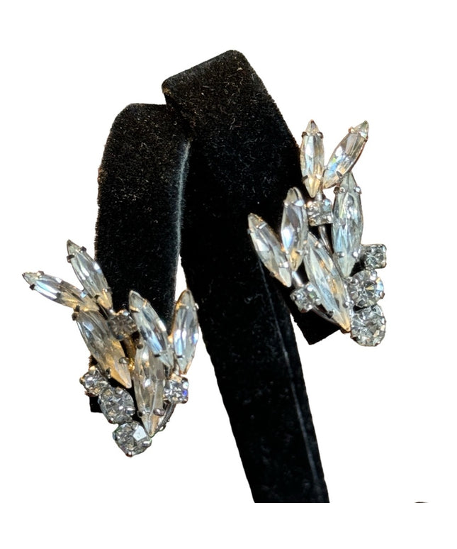 Stunning silver finish mid century SHERMAN crystal clip on earrings