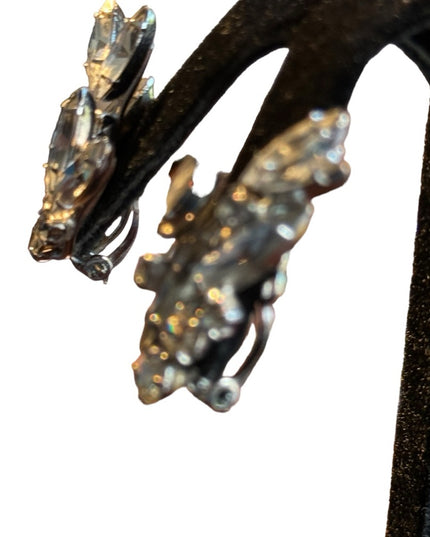 Stunning silver finish mid century SHERMAN crystal clip on earrings