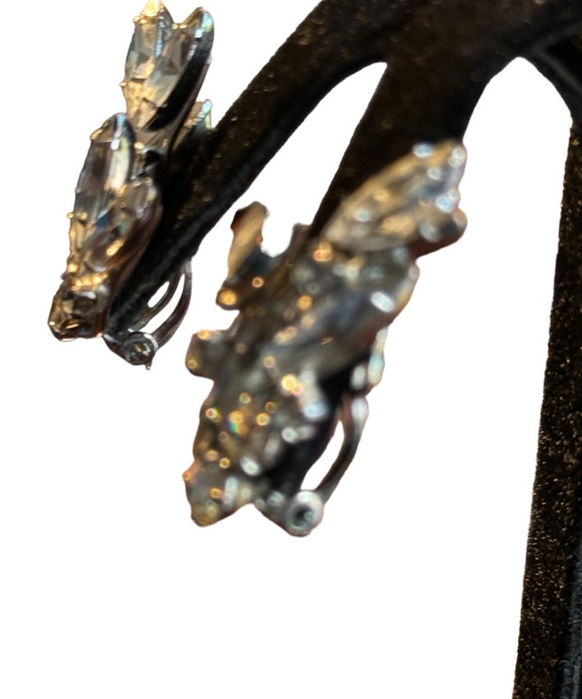 Stunning silver finish mid century SHERMAN crystal clip on earrings