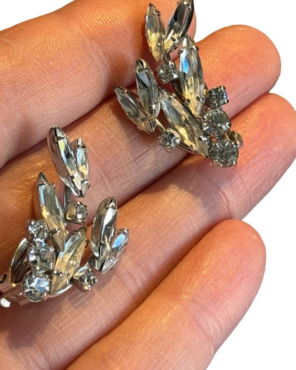Stunning silver finish mid century SHERMAN crystal clip on earrings
