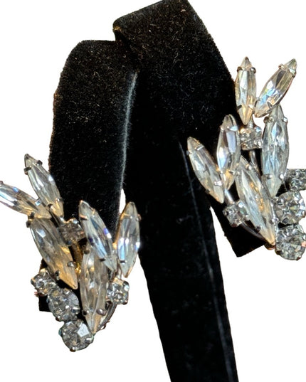 Stunning silver finish mid century SHERMAN crystal clip on earrings