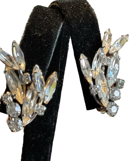 Stunning silver finish mid century SHERMAN crystal clip on earrings