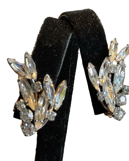 Stunning silver finish mid century SHERMAN crystal clip on earrings