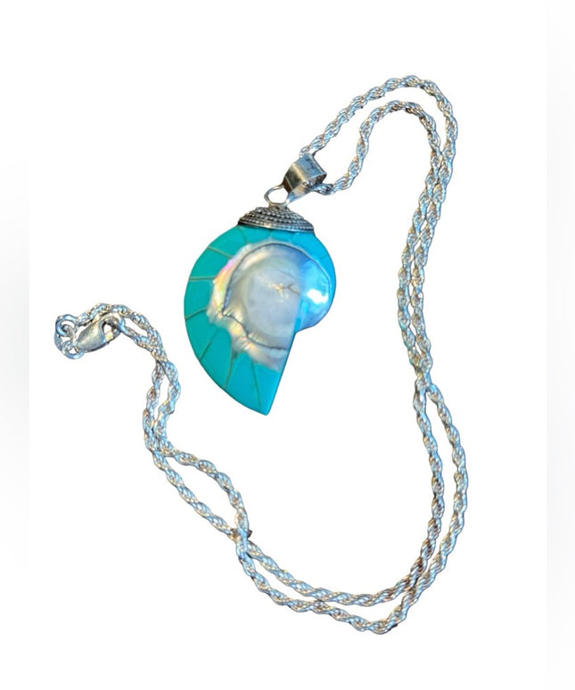 Stunning vintage teal nautilus sea shel sterling silver pendant & rope chain 925