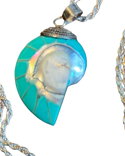 Stunning vintage teal nautilus sea shel sterling silver pendant & rope chain 925