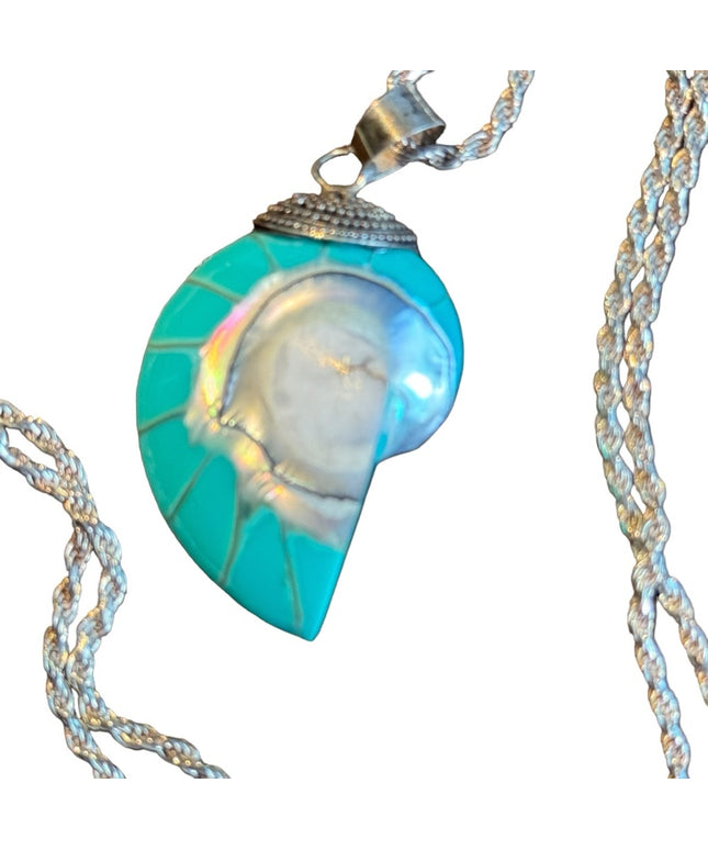 Stunning vintage teal nautilus sea shel sterling silver pendant & rope chain 925