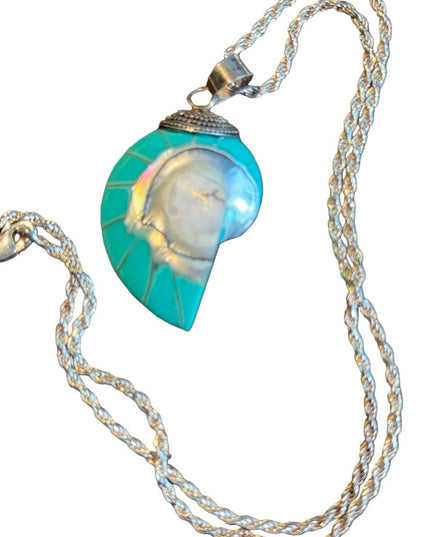 Stunning vintage teal nautilus sea shel sterling silver pendant & rope chain 925