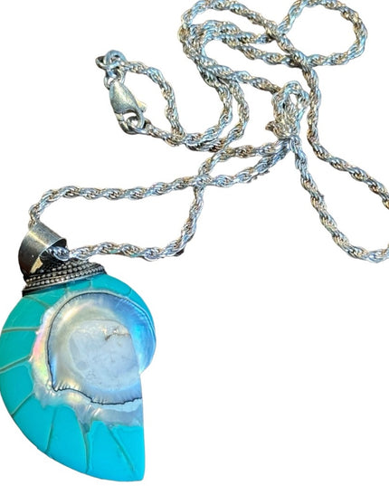Stunning vintage teal nautilus sea shel sterling silver pendant & rope chain 925