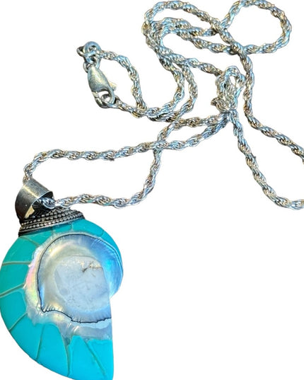 Stunning vintage teal nautilus sea shel sterling silver pendant & rope chain 925