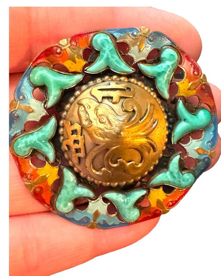 RARE Antique Max Neiger Chinese style eagle enameled brooch