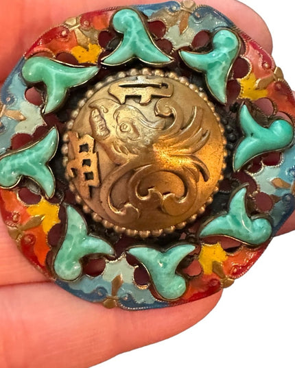 RARE Antique Max Neiger Chinese style eagle enameled brooch