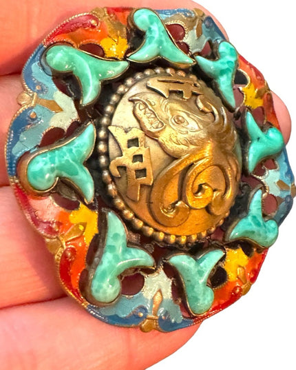 RARE Antique Max Neiger Chinese style eagle enameled brooch