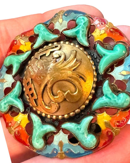 RARE Antique Max Neiger Chinese style eagle enameled brooch