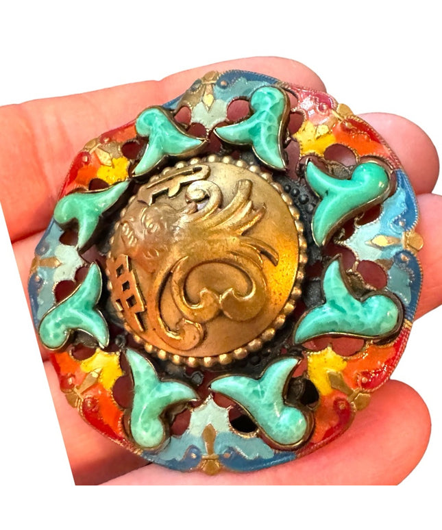 RARE Antique Max Neiger Chinese style eagle enameled brooch