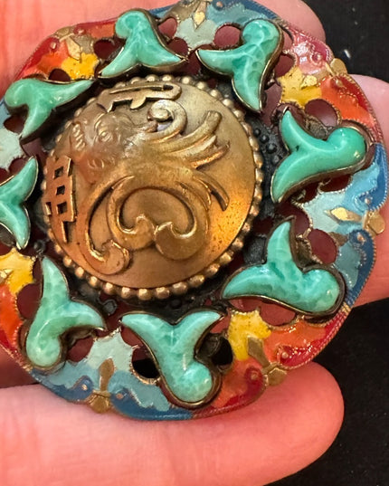RARE Antique Max Neiger Chinese style eagle enameled brooch