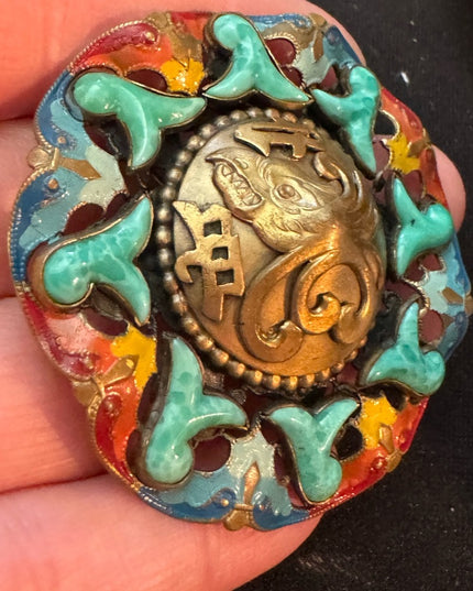 RARE Antique Max Neiger Chinese style eagle enameled brooch