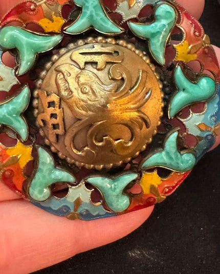 RARE Antique Max Neiger Chinese style eagle enameled brooch