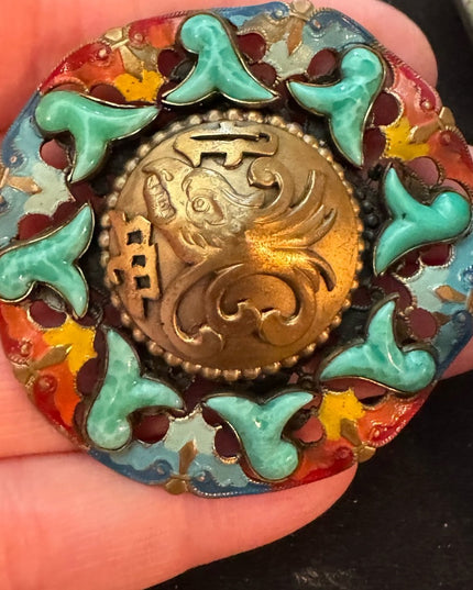 RARE Antique Max Neiger Chinese style eagle enameled brooch