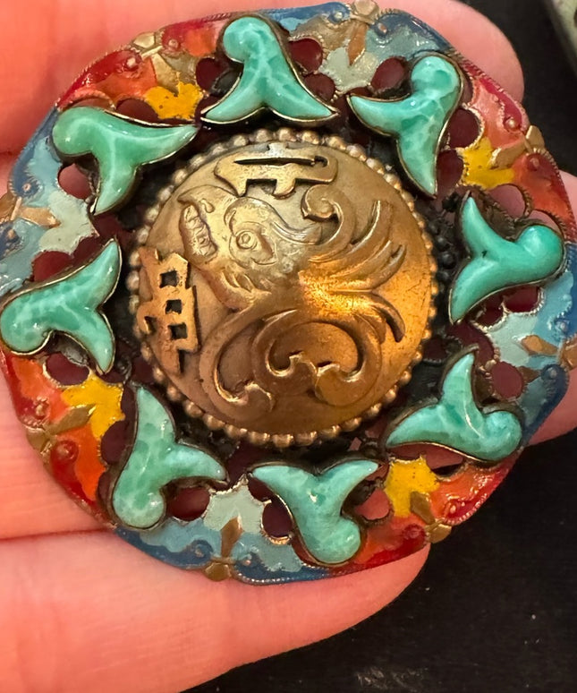 RARE Antique Max Neiger Chinese style eagle enameled brooch