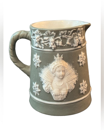 Shafer & Vater Green and White Bisque Pottery Small Creamer Queen Royal Image