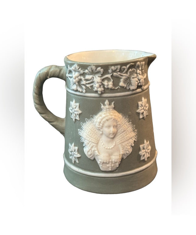 Shafer & Vater Green and White Bisque Pottery Small Creamer Queen Royal Image